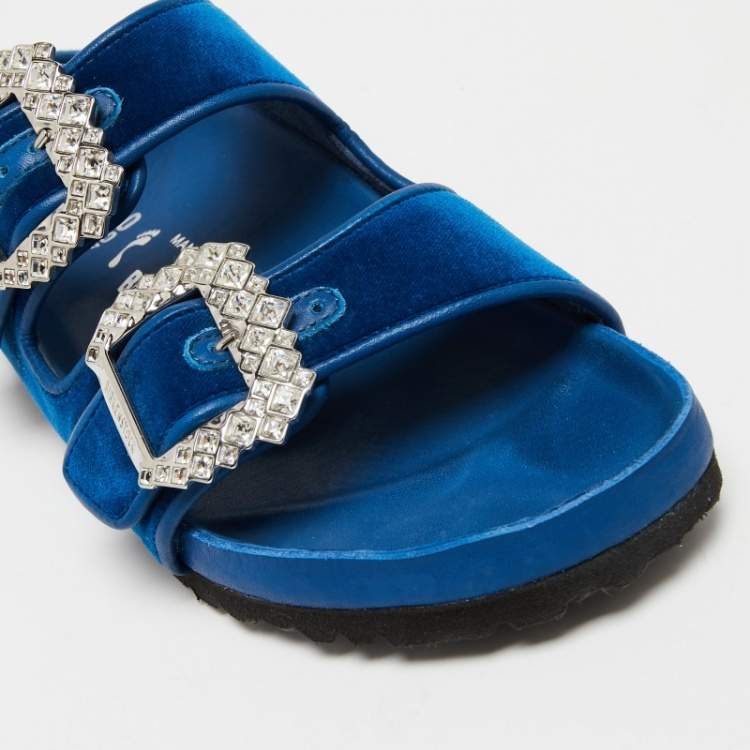 Pre Owned Birkenstock X Manolo Blahnik Blue Velvet Crystal Embellishments Slides Size 40