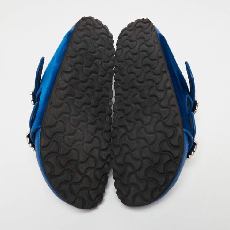 Pre Owned Birkenstock X Manolo Blahnik Blue Velvet Crystal Embellishments Slides Size 40