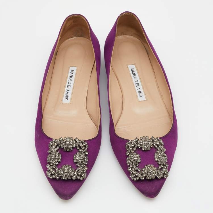 Pre Owned Manolo Blahnik Dark Purple Satin Hangisi Crystal Embellished Ballet Flats Size 38