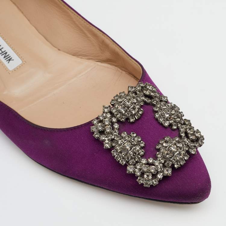 Pre Owned Manolo Blahnik Dark Purple Satin Hangisi Crystal Embellished Ballet Flats Size 38