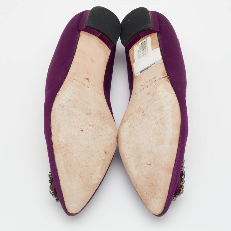 Pre Owned Manolo Blahnik Dark Purple Satin Hangisi Crystal Embellished Ballet Flats Size 38