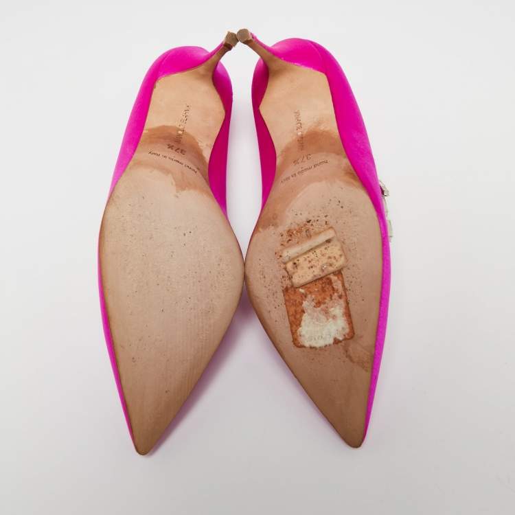 Pre Owned Manolo Blahnik Pink Satin Nadira Crystal Embellished Pointed Toe Pumps Size 37.5