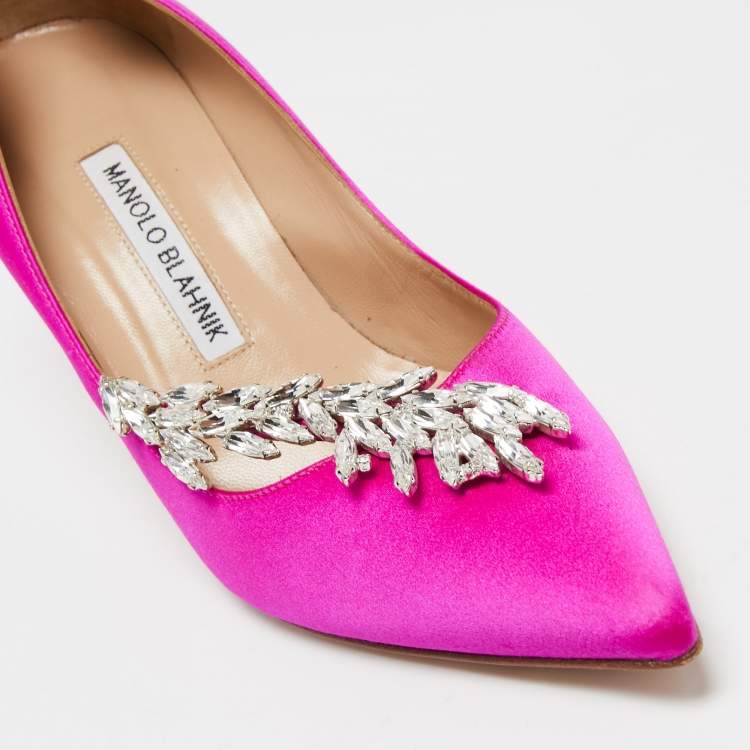 Pre Owned Manolo Blahnik Pink Satin Nadira Crystal Embellished Pointed Toe Pumps Size 37.5