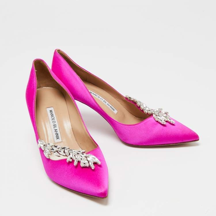 Pre Owned Manolo Blahnik Pink Satin Nadira Crystal Embellished Pointed Toe Pumps Size 37.5