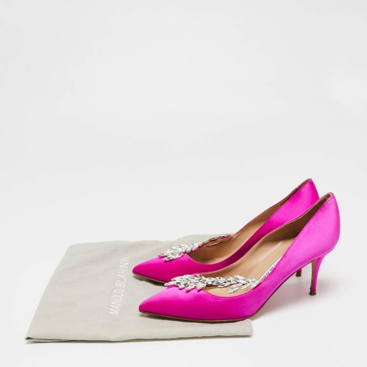Pre Owned Manolo Blahnik Pink Satin Nadira Crystal Embellished Pointed Toe Pumps Size 37.5