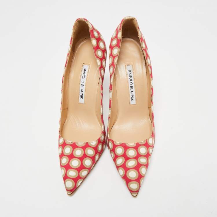 Pre Owned Manolo Blahnik Tri-Color Printed Fabric BB Pointed-Toe Pumps Size 37.5