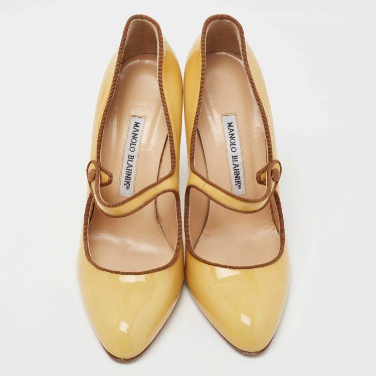 Pre Owned Manolo Blahnik Yellow Patent  Leather Camparinew Pumps Size 38.5