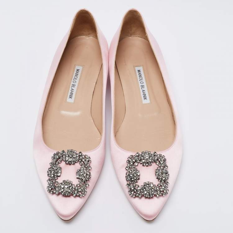 Pre Owned Manolo Blahnik Pale Pink Satin Hangisi Crystal Embellished Ballet Flats Size 40.5