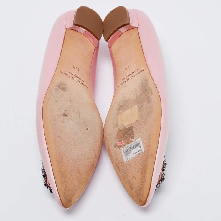 Pre Owned Manolo Blahnik Pale Pink Satin Hangisi Crystal Embellished Ballet Flats Size 40.5