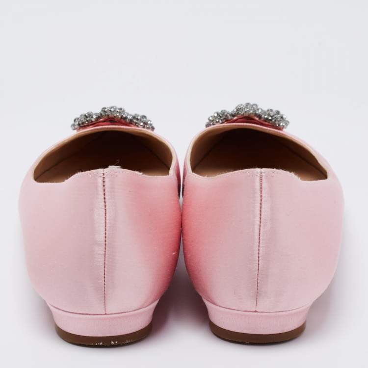 Pre Owned Manolo Blahnik Pale Pink Satin Hangisi Crystal Embellished Ballet Flats Size 40.5