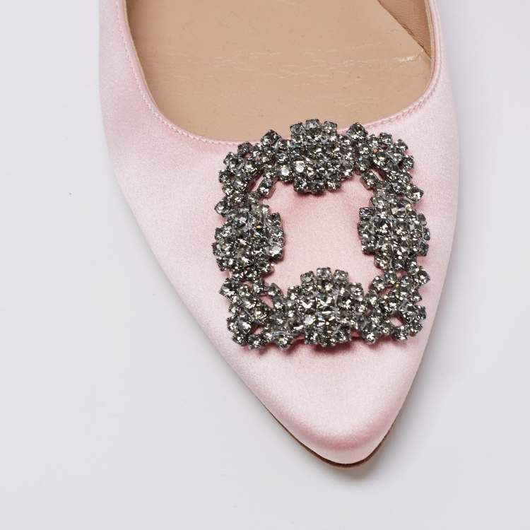 Pre Owned Manolo Blahnik Pale Pink Satin Hangisi Crystal Embellished Ballet Flats Size 40.5