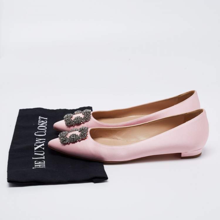 Pre Owned Manolo Blahnik Pale Pink Satin Hangisi Crystal Embellished Ballet Flats Size 40.5