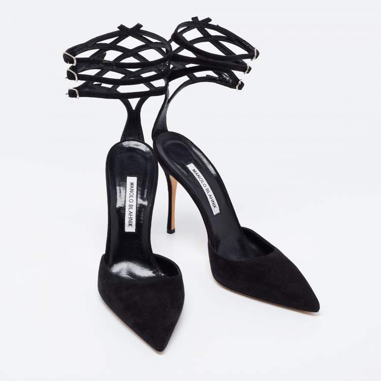 Pre Owned Manolo Blahnik Black Suede Strappy Ankle Cuff Pointed Toe Pumps Size 41