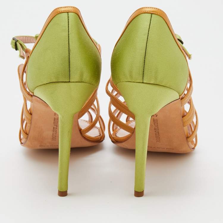 Pre Owned Manolo Blahnik Green/Gold Satin And Leather Cut Out Strappy Sandals Size 41