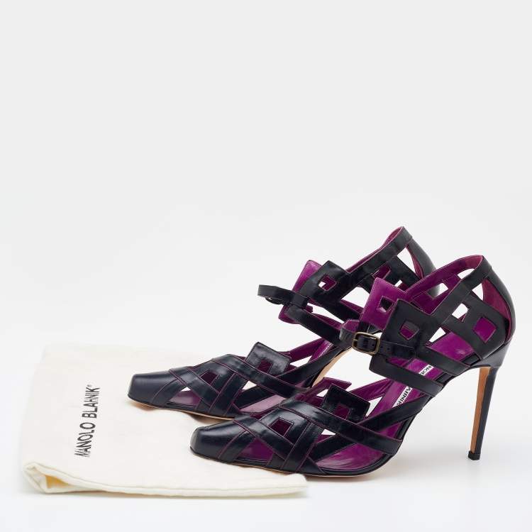 Pre Owned Manolo Blahnik Black/Purple Leather Cut Out Sandals Size 40.5