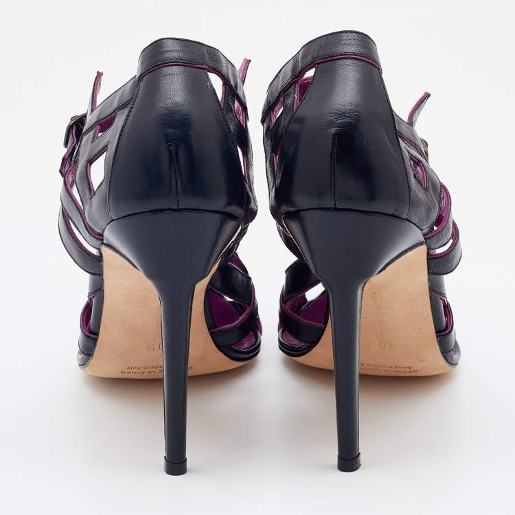 Pre Owned Manolo Blahnik Black/Purple Leather Cut Out Sandals Size 40.5