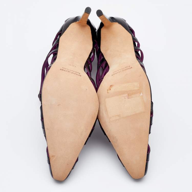 Pre Owned Manolo Blahnik Black/Purple Leather Cut Out Sandals Size 40.5