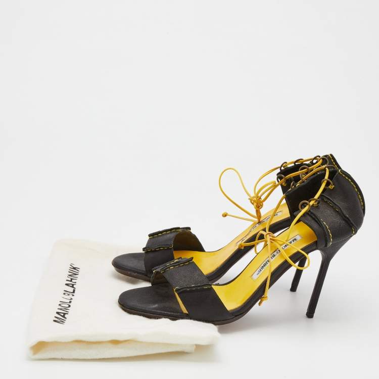 Pre Owned Manolo Blahnik Black Leather Ankle Tie Up Sandals Size 41
