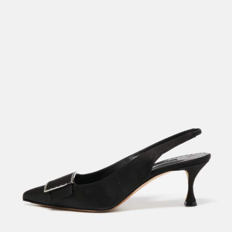 Pre Owned Manolo Blahnik Black Satin Pointed Toe Slingback Pumps Size 38