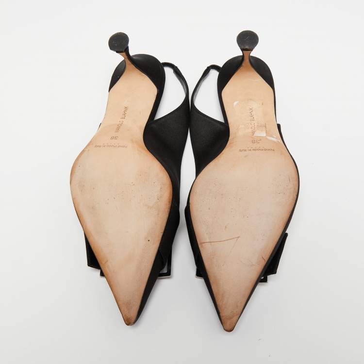 Pre Owned Manolo Blahnik Black Satin Pointed Toe Slingback Pumps Size 38