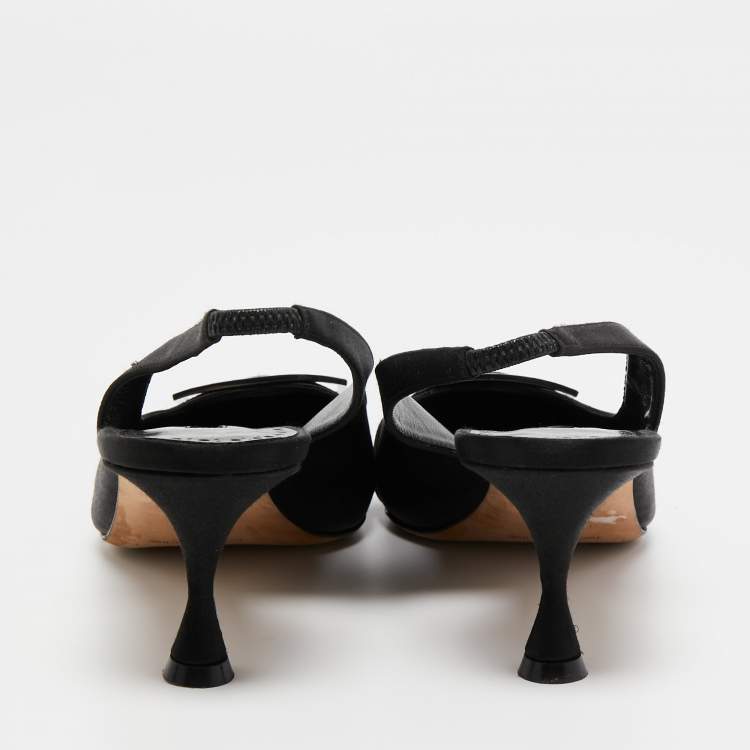 Pre Owned Manolo Blahnik Black Satin Pointed Toe Slingback Pumps Size 38