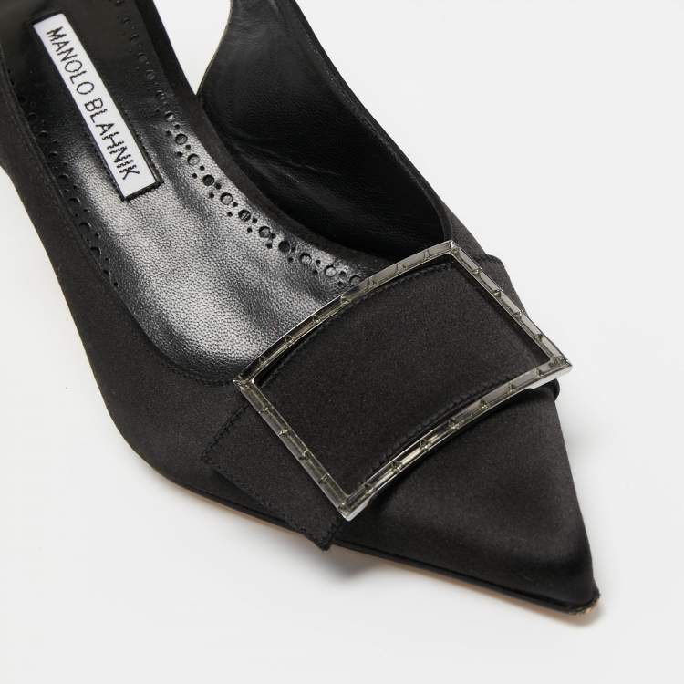 Pre Owned Manolo Blahnik Black Satin Pointed Toe Slingback Pumps Size 38