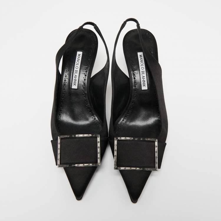 Pre Owned Manolo Blahnik Black Satin Pointed Toe Slingback Pumps Size 38