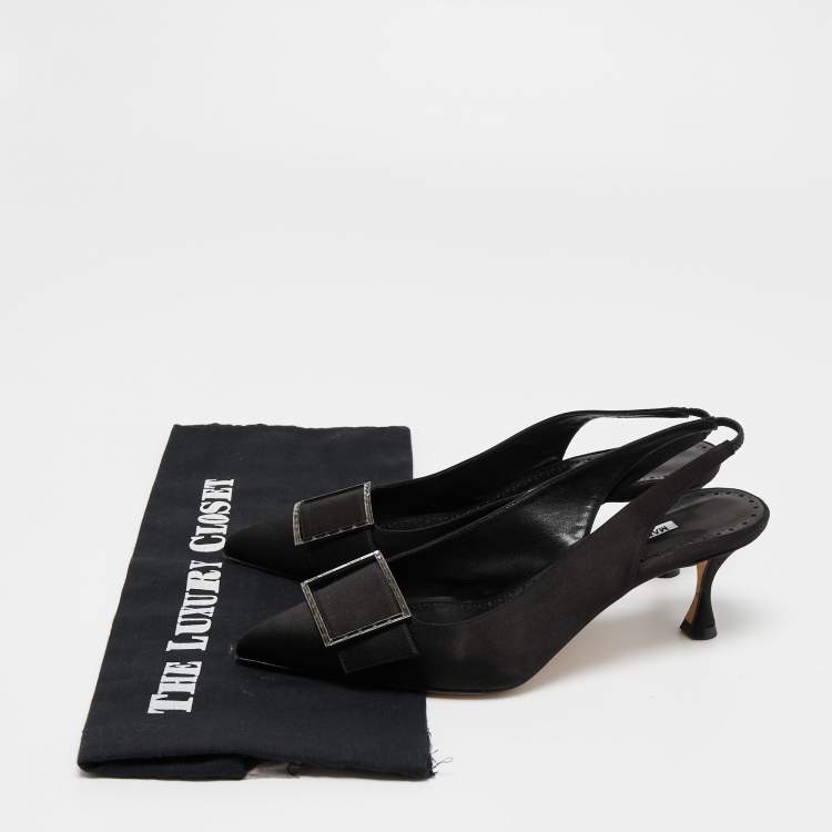Pre Owned Manolo Blahnik Black Satin Pointed Toe Slingback Pumps Size 38