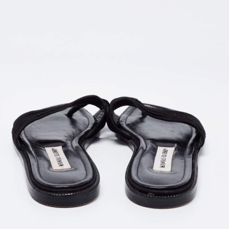 Pre Owned Manolo Blahnik Black Pleated Suede Toe Ring Flat Slides Size 38.5