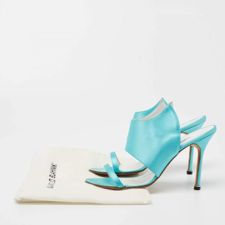 Pre Owned Manolo Blahnik Aqua Blue Satin Open Toe Sandals Size 39.5