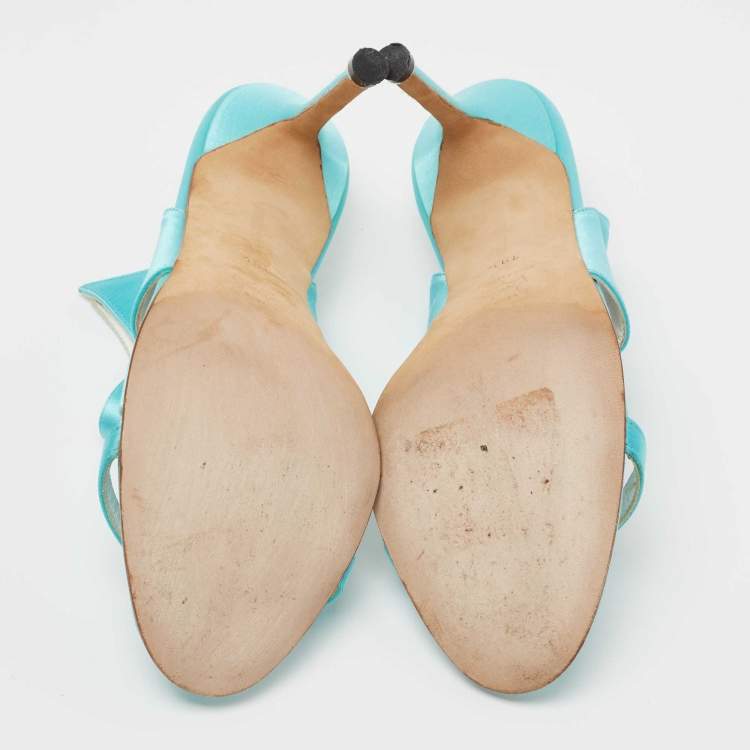 Pre Owned Manolo Blahnik Aqua Blue Satin Open Toe Sandals Size 39.5