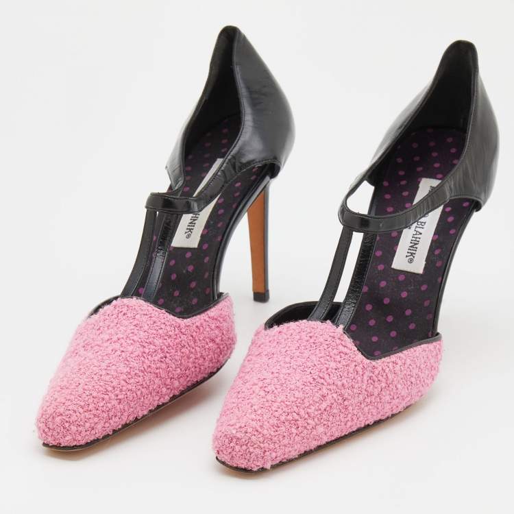 Pre Owned Manolo Blahnik Pink/Black Tweed and Leather Pointed Toe Pumps Size 41