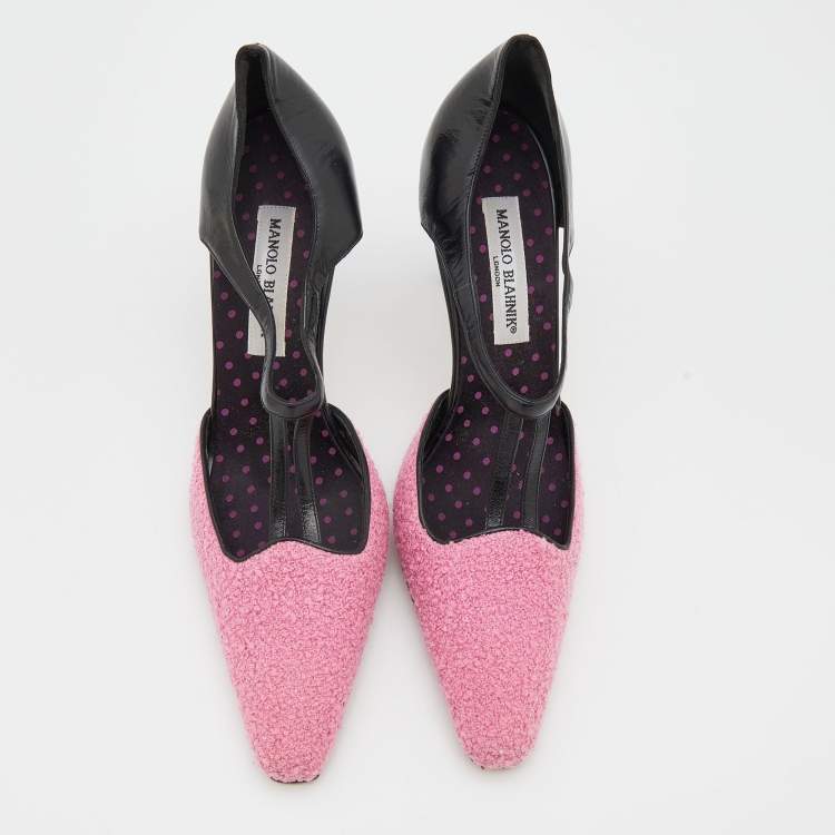 Pre Owned Manolo Blahnik Pink/Black Tweed and Leather Pointed Toe Pumps Size 41