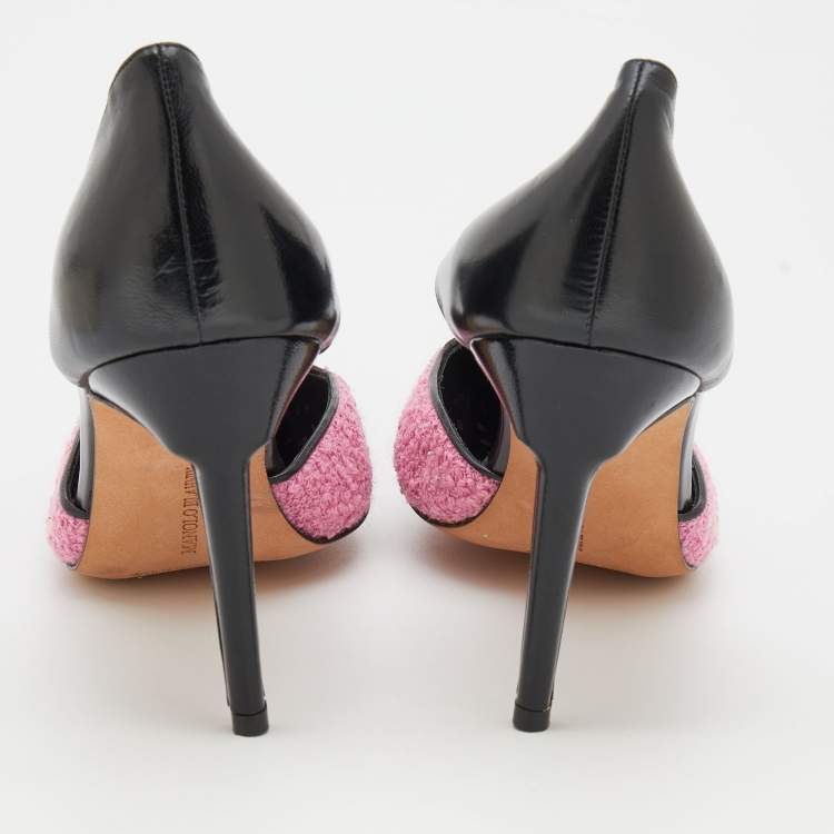 Pre Owned Manolo Blahnik Pink/Black Tweed and Leather Pointed Toe Pumps Size 41