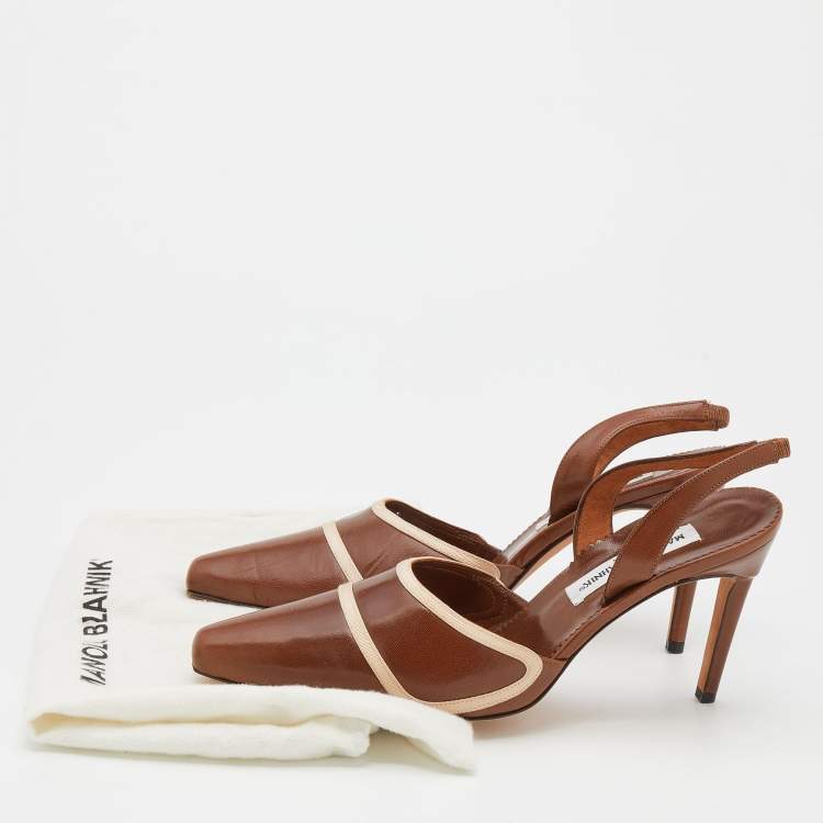 Pre Owned Manolo Blahnik Brown Leather Pointed Toe Slingback Pumps Size 40.5
