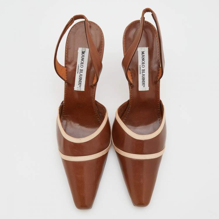 Pre Owned Manolo Blahnik Brown Leather Pointed Toe Slingback Pumps Size 40.5