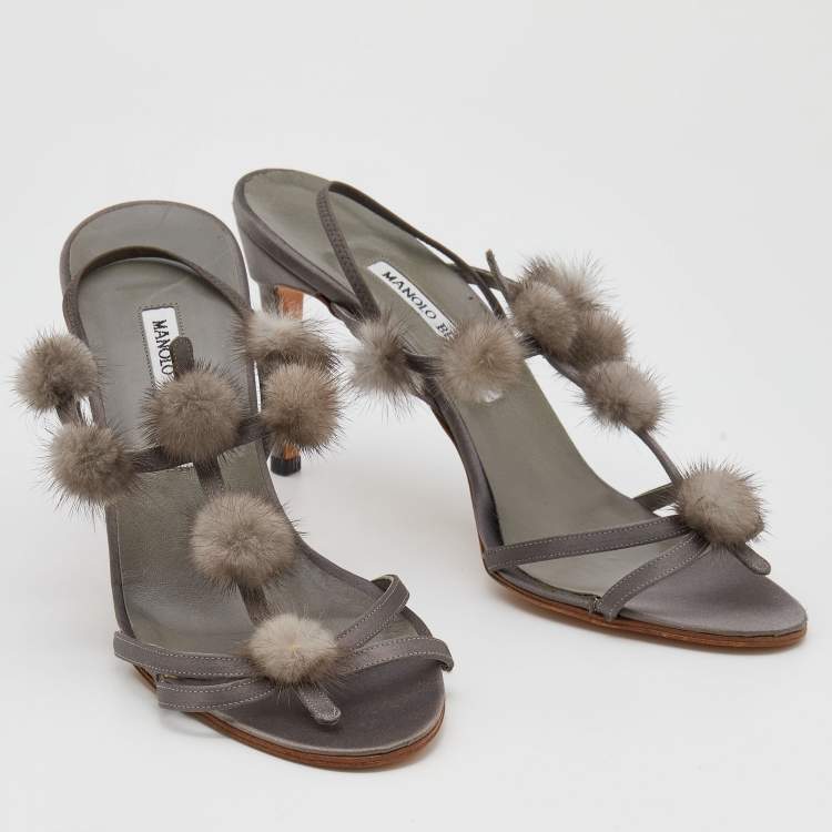 Pre Owned Manolo Blahnik Grey Satin Mink Pom-Pom Detail Strappy Slingback Sandals Size 40.5