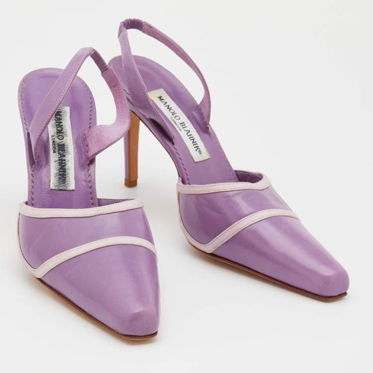 Pre Owned Manolo Blahnik Purple Leather Pointed Toe Slingback Pumps Size 37.5