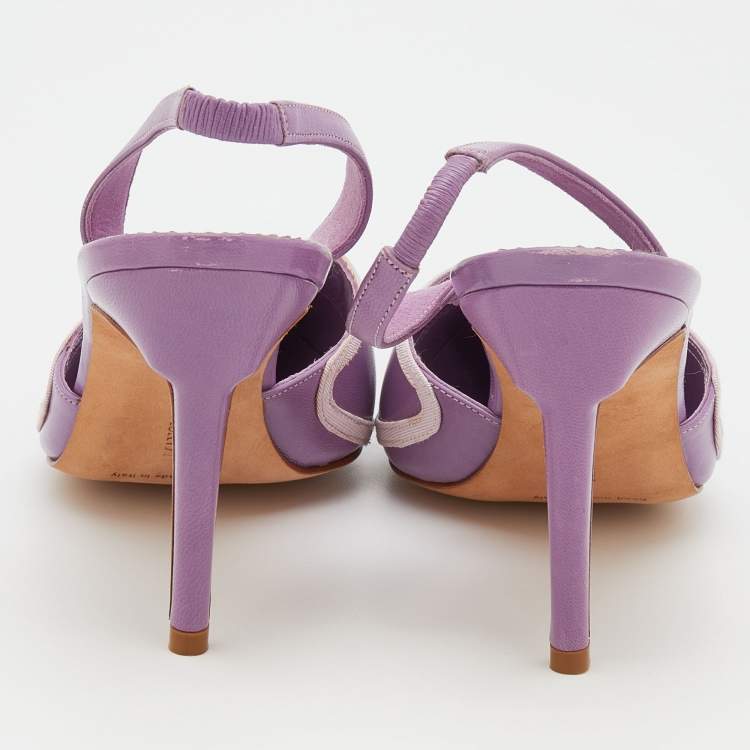 Pre Owned Manolo Blahnik Purple Leather Pointed Toe Slingback Pumps Size 37.5