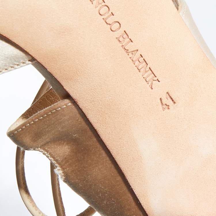 Pre Owned Manolo Blahnik Beige Satin Cut Out Lace Up Mules Size 41