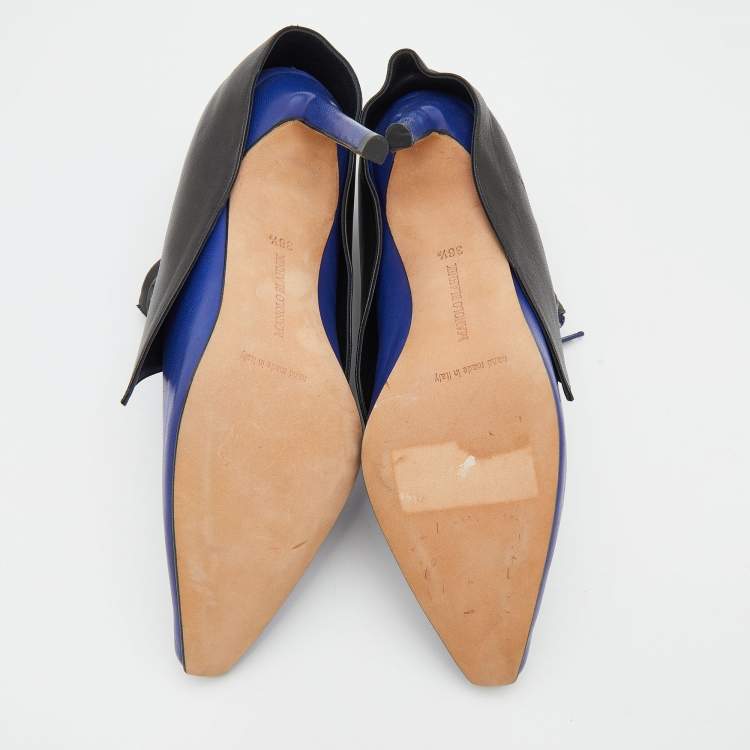 Pre Owned Manolo Blahnik Blue/Black Leather Pointed Toe Zipper Ankle Length Boots Size 36.5