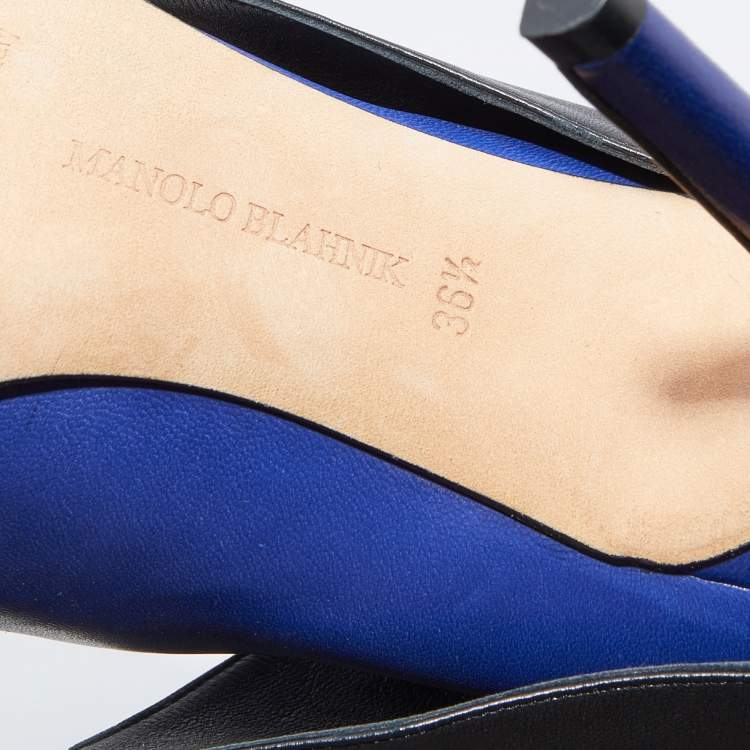 Pre Owned Manolo Blahnik Blue/Black Leather Pointed Toe Zipper Ankle Length Boots Size 36.5