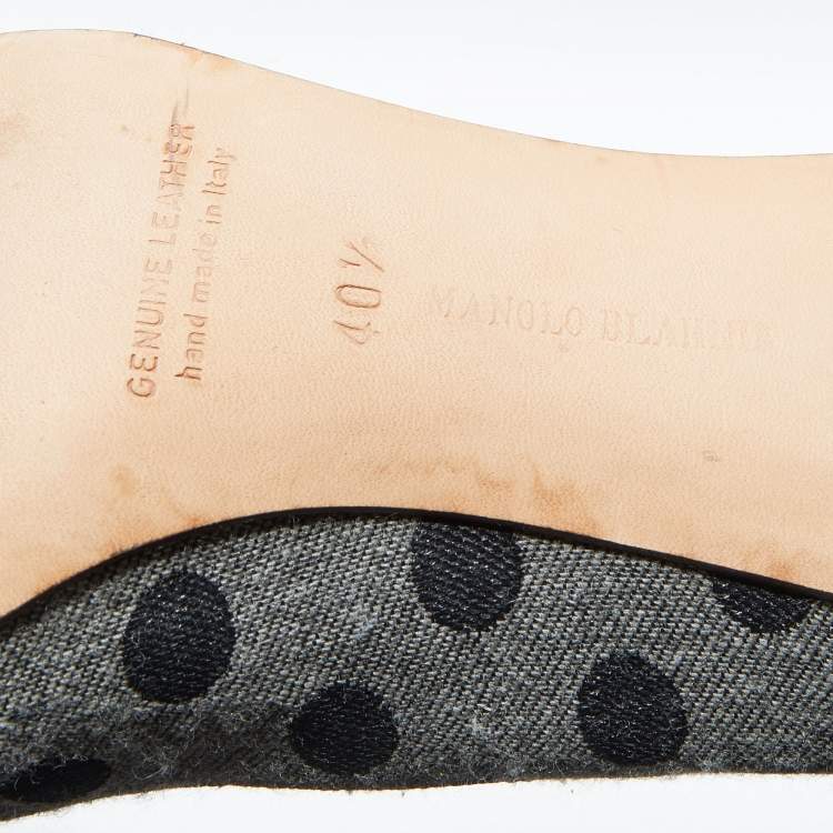 Pre Owned Manolo Blahnik Grey/Black Polka Dot Denim and Leather Pointed Toe Pumps Size 40.5