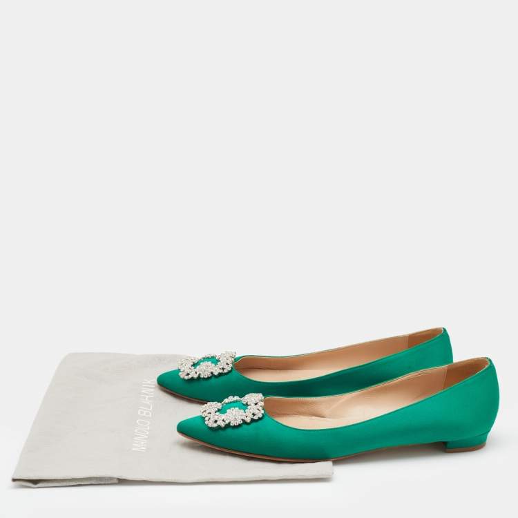 Pre Owned Manolo Blahnik Green Satin Hangisi Embellished Ballet Flats Size 39.5