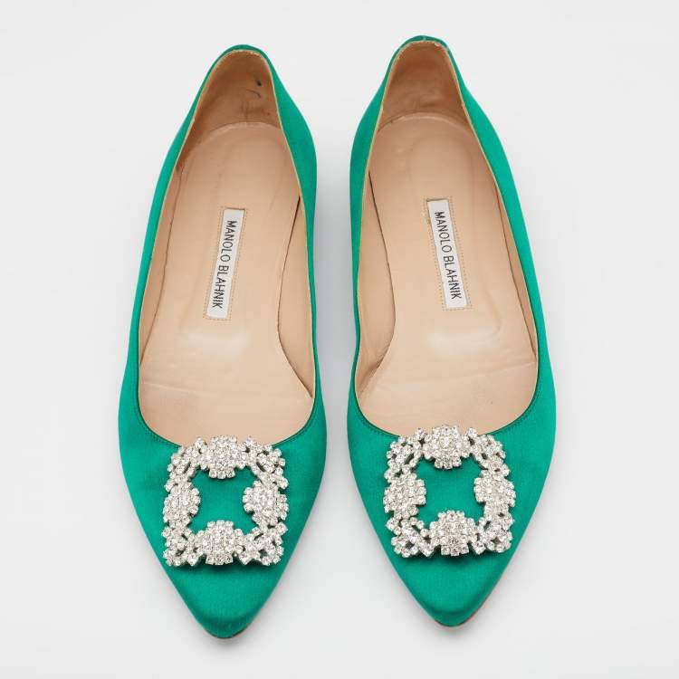 Pre Owned Manolo Blahnik Green Satin Hangisi Embellished Ballet Flats Size 39.5
