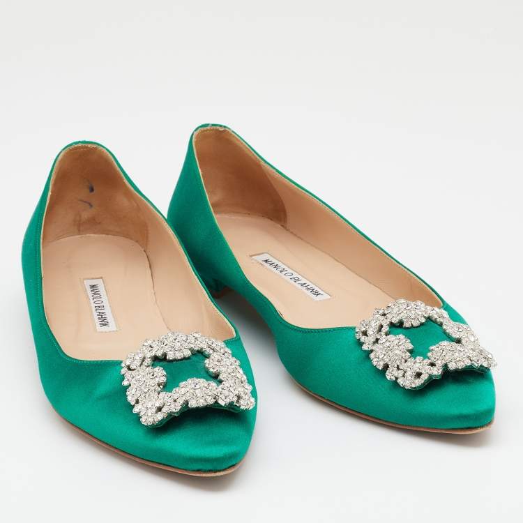 Pre Owned Manolo Blahnik Green Satin Hangisi Embellished Ballet Flats Size 39.5
