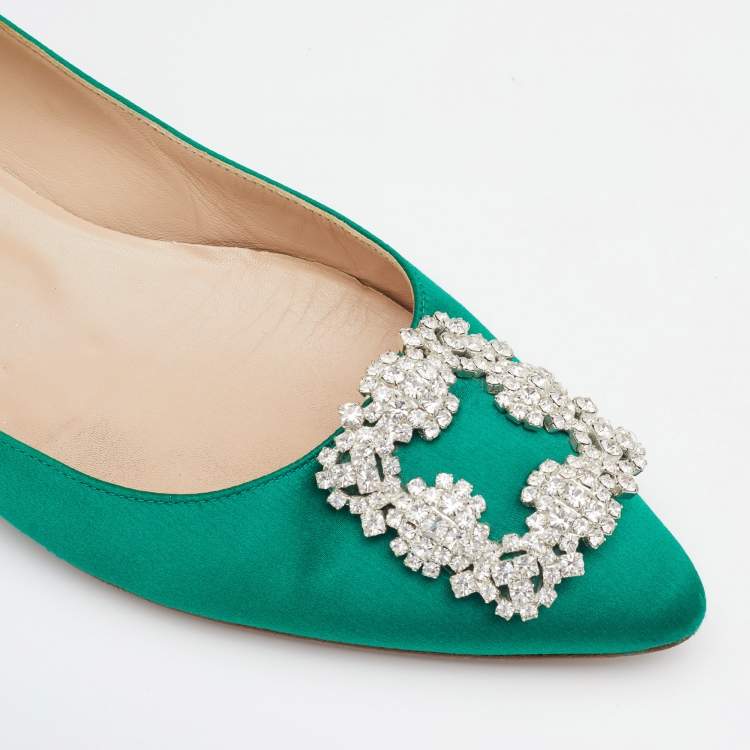 Pre Owned Manolo Blahnik Green Satin Hangisi Embellished Ballet Flats Size 39.5