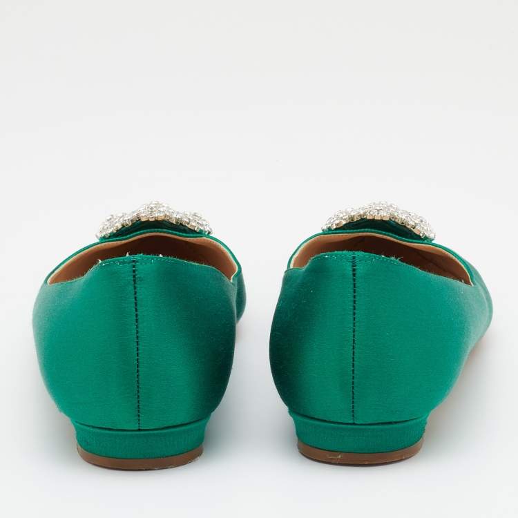 Pre Owned Manolo Blahnik Green Satin Hangisi Embellished Ballet Flats Size 39.5