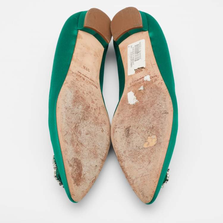 Pre Owned Manolo Blahnik Green Satin Hangisi Embellished Ballet Flats Size 39.5