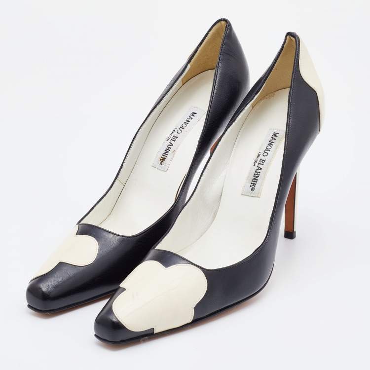 Pre Owned Manolo Blahnik Black/White Patent and Leather Square Toe Pumps Size 40.5